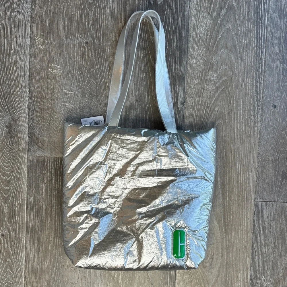 Clinique Silver Metallic Tote with Green Logo Accent
